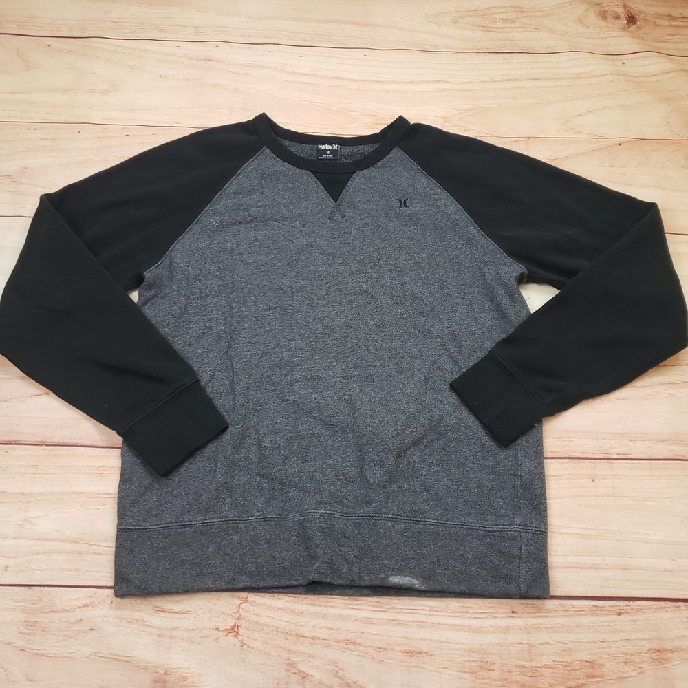 Hurley Sweater Men Medium Gray Black Raglan Sweatshirt Fleece Crew Neck